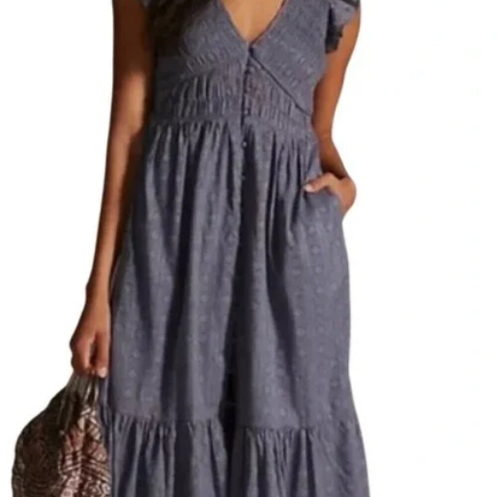 ANTHROPOLOGIE Peregrine Cotton Midi dress Blue Gray L 12 14 - Picture 14 of 15